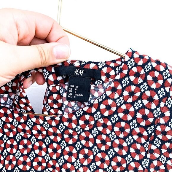 H&M Rust Navy Floral Print 3/4 Sleeve Dress - Picture 8 of 12